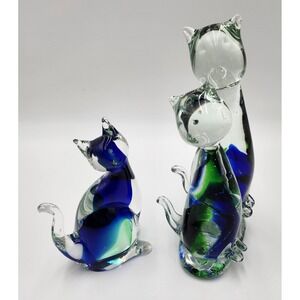 Vintage Art Glass Blue Cats Paperweight Murano Made in Italy Venezia LOT‎